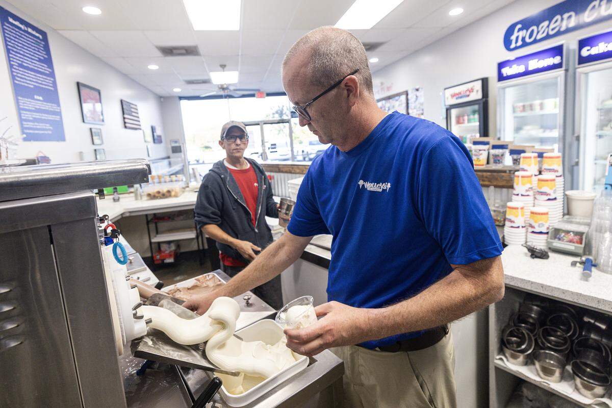 Co-owners John Woolley, front,  and Brett Allen, rear, make their chocolate and vanilla frozen custard in the morning for service at Woolley’s Frozen Custard in Keller on Wednesday, Sept. 10, 2025. Woolley’s was voted as the Best Ice Cream in Fort Worth by Star-Telegram readers.