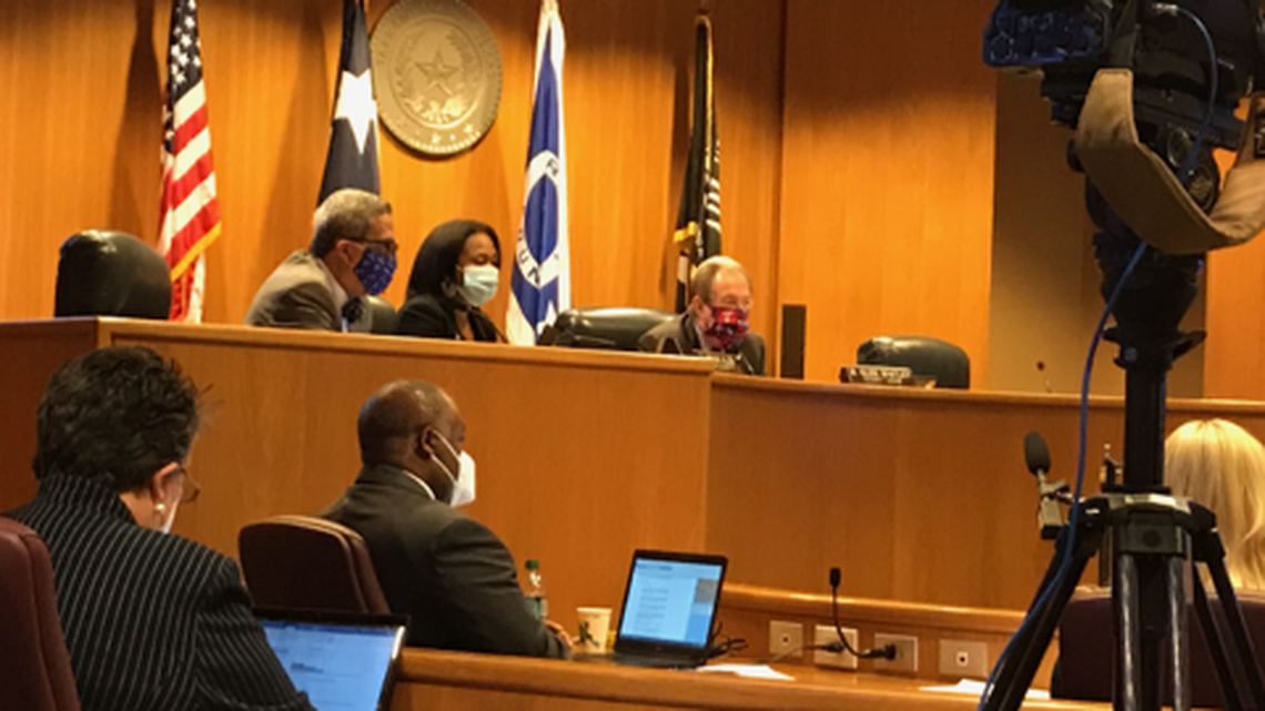 Tarrant County Commissioners Roy Brooks and Devan Allen, and Tarrant County Judge Glen Whitley, wore masks during their meeting Tuesday, June 23, 2020. Two other commissioners — Gary Fickes and J.D. Johnson — participated in the meeting by video.