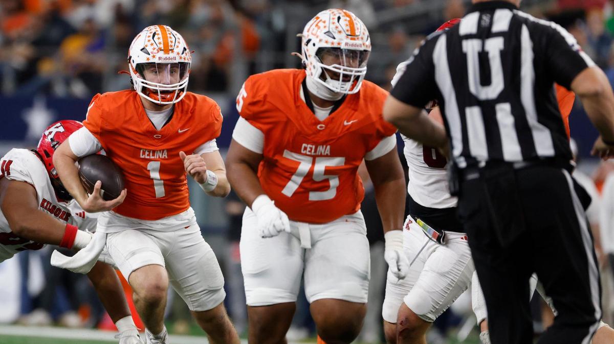 Celina quarterback Bowe Bentley (1) follows his blocker, lineman Zaydyn Dimas (75), against Kilgore during the UIL 4A D1 State Championship football game at AT&T Stadium in Arlington, Texas, Friday, Dec. 20, 2024.
