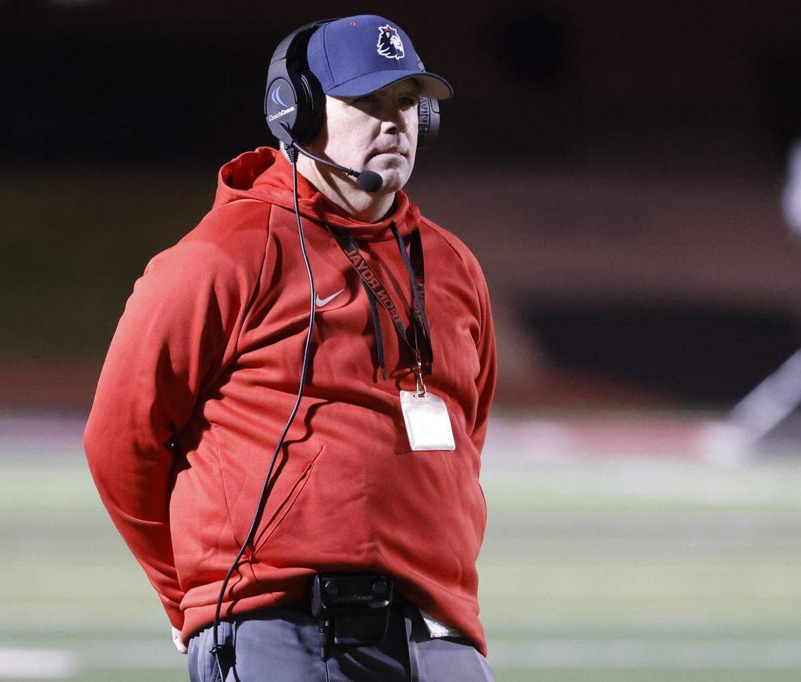 Richland head coach Ged Kates glances to the score board during a timeout against Denton Ryan in the first half of a UIL Class 5A Division I Regional on Friday Nov. 28, 2025 at Buddy Echols Field in Coppell, Texas.