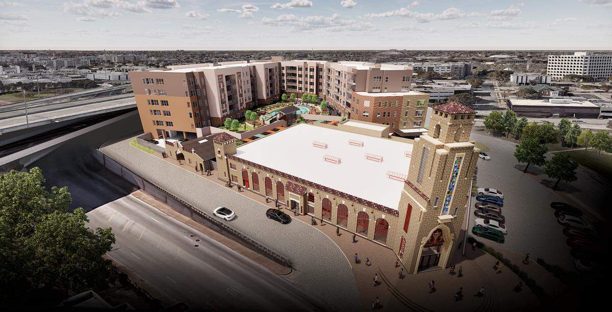 A rendering of The Harden senior living community adjacent to the original Fort Worth Public Market.