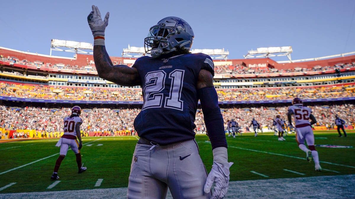 Dallas Cowboys running back Ezekiel Elliott gestures during the team’s 27-20 win over the Washington Football Team on Sunday. Elliott had 45 yards on 12 carries.