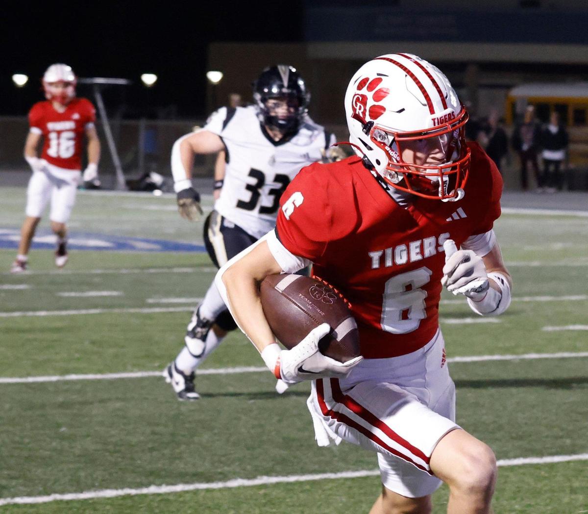 Glen Rose wide receiver Colton Andress (6) heads down field untouched during an UIL 4A D2 Region 1 Bi-district football playoff game at Kangaroo Stadium in Weatherford, Texas, Friday, Nov. 15, 2024.