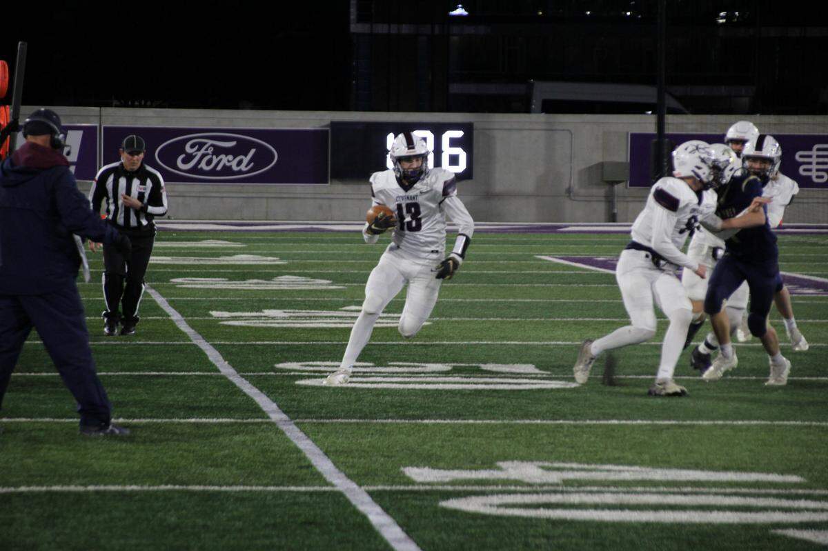 Fort Worth Covenant Classical running back Josh Sapp runs the ball against Lubbock Kingdom Prep in the state semifinals (Trish Wood/Courtesy)