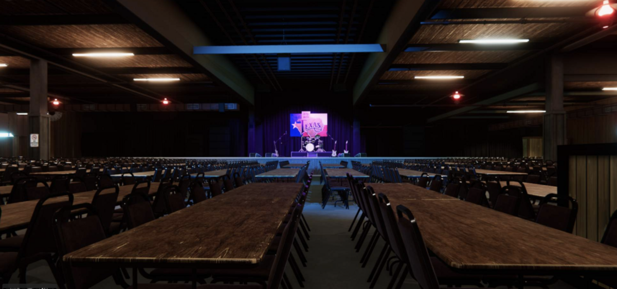 A rendering of the Billy Bob's showroom with a clear view of the stage.