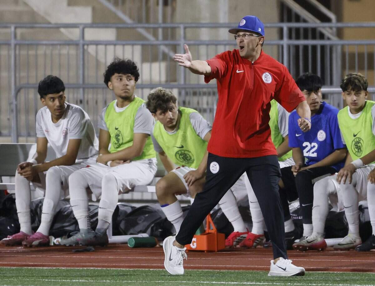 Arlington Sam Houston Sergio Hernandez reacts to play against Allen during the second half of a UIL area round boys soccer playoff game at Tommy Standridge Stadium in Carrollton, Texas, Tuesday, March 24, 2026.