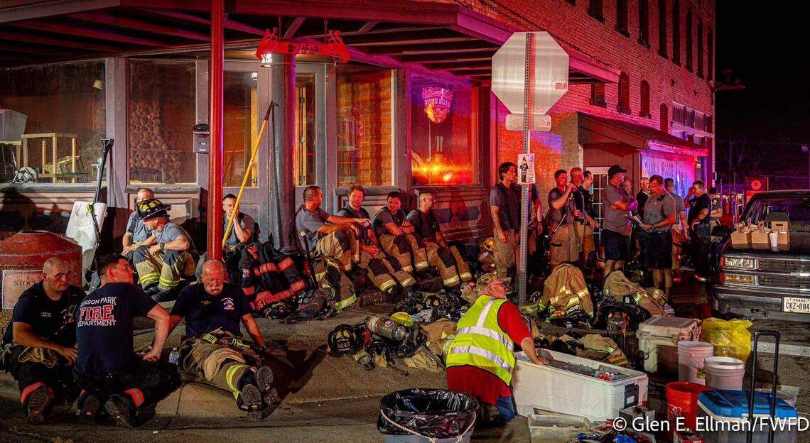 Dozens of firefighters from Fort Worth and surrounding cities battled a blaze at the Cantina Cadillac bar in the Fort Worth Stockyards on Saturday night, Aug. 5, 2023.