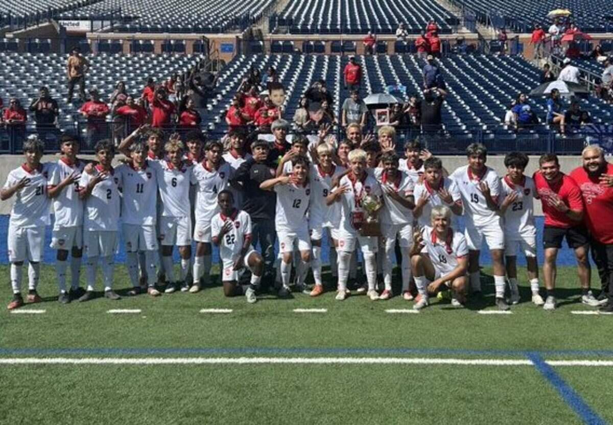 Diamond Hill-Jarvis boys soccer poses for a picture after securing a Class 4A Division 2 regional semifinal playoff victory against El Paso Bowie at Astound Stadium in Midland, Texas on Friday, March 28, 2025.
