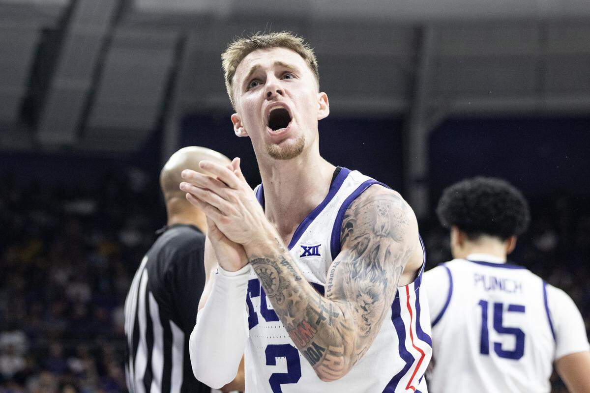 TCU guard Brock Harding (2) reacts after forcing a turnover in the first half of a NCAA basketball game between the TCU Horned Frogs and the Michigan Wolverines at Schollmaier Arena in Fort Worth on Friday, Nov.14, 2025.