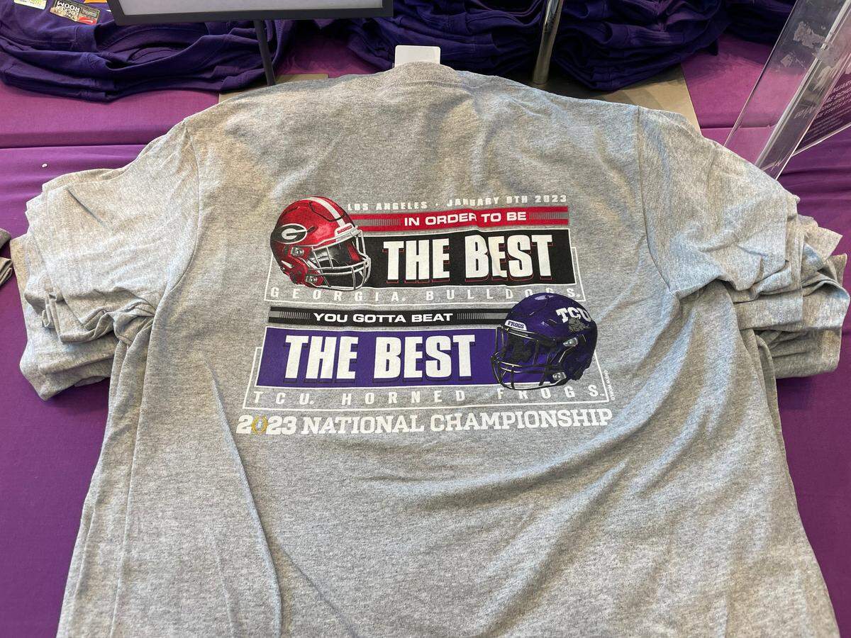 2023 National Championship shirts featuring both TCU and Georgia are on sale at the Horned Frogs’ campus bookstore.