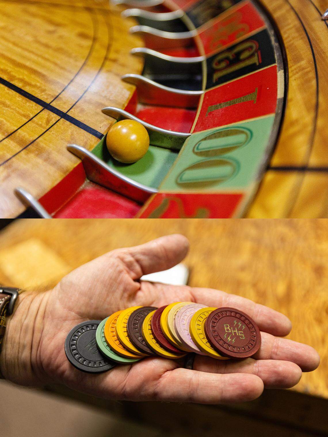 A roulette wheel and casino chips that were used inside the gambling operation at the Top O' Hill Terrace.