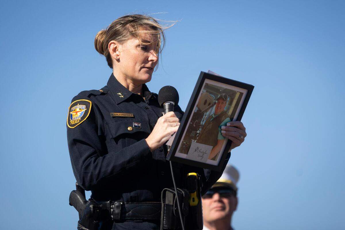 Paula Fimbres, cousin of Christopher Vardy, shares remarks from the family during a memorial a year after the deadly I-35W crash Friday, Feb. 11, 2022, at Riverside Park in Fort Worth.