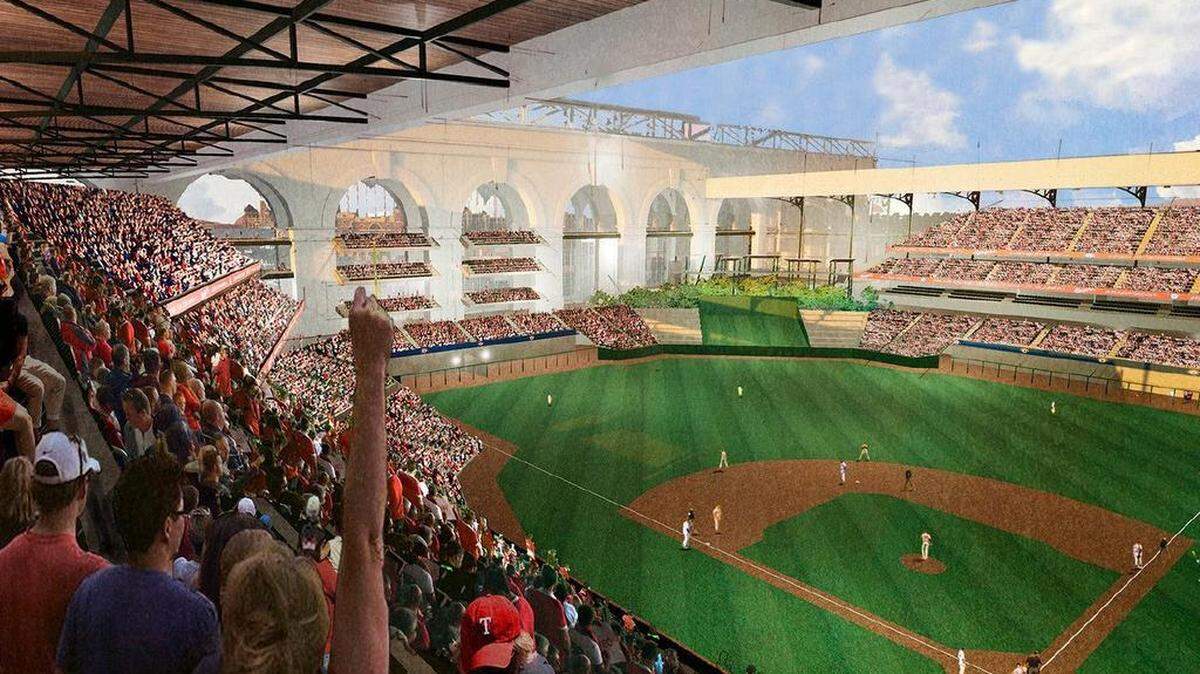 An artist rendering of the new baseball stadium for the Texas Rangers being designed by HKS of Dallas.