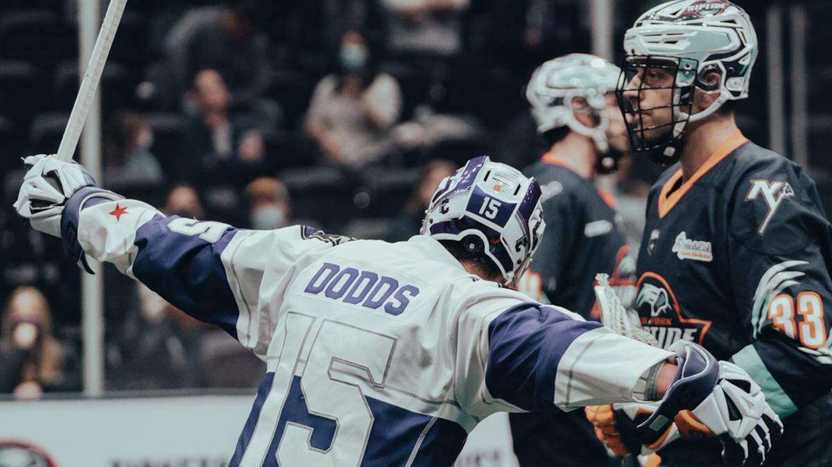 Panther City forward Patrick Dodds, reacts after scoring the game-winning goal in the first-ever franchise victory for the Fort Worth-based club. The club is now headed to the 2023 NLL Playoffs.