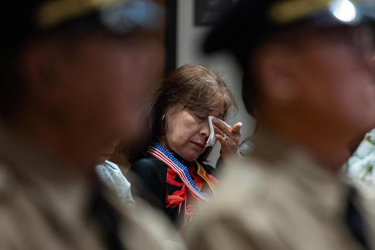 An event attendee becomes emotional during a service remembering the fall of Saigon during the 50th Anniversary of the Vietnam War event at Haltom City City Hall in Fort Worth on Wednesday, April 30, 2025.
