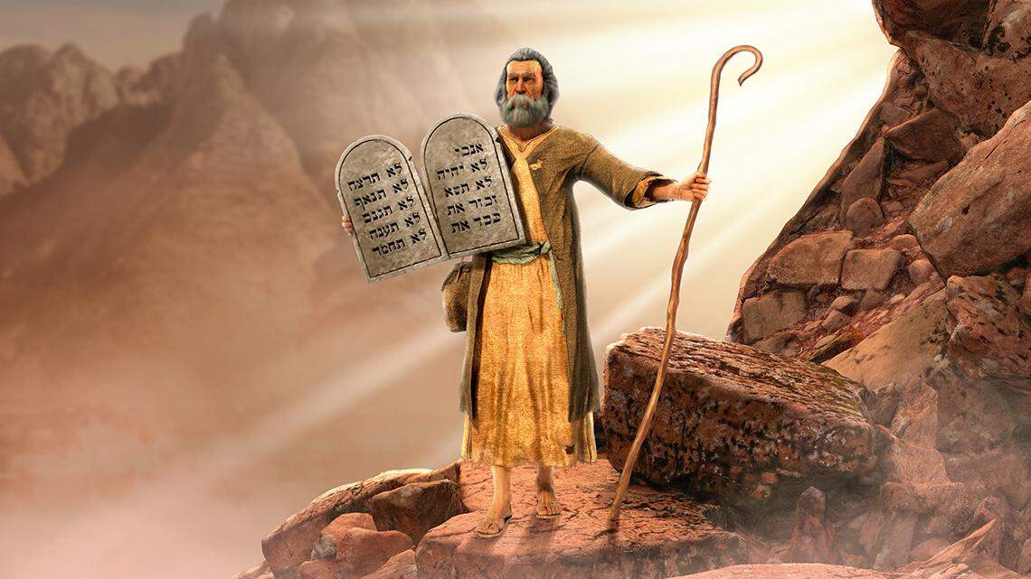 Moses holding 10 Commandments tablets coming down  mount Sinai, 3d render. Ten Commandments