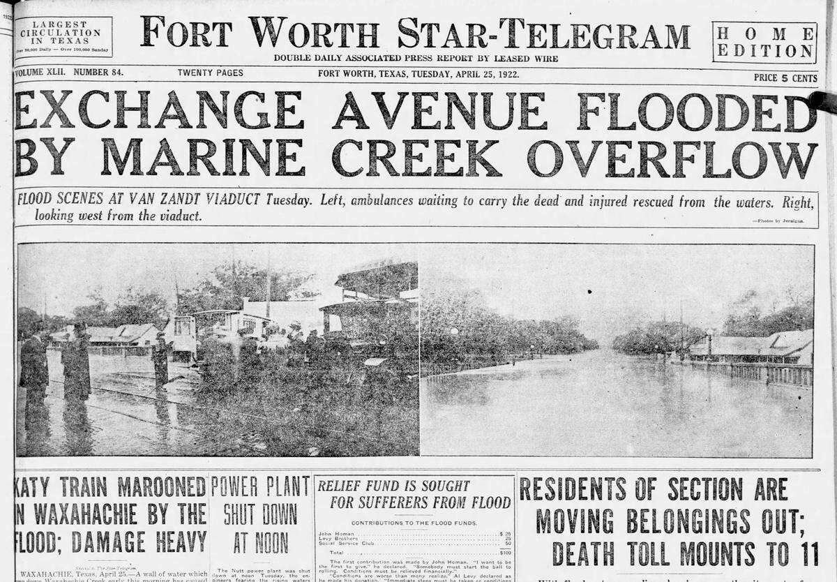 The front page of the Star-Telegram on April 25, 1922, reporting on major flooding in Fort Worth’s north side.