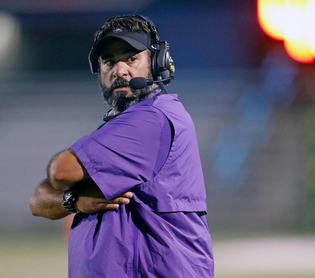 Crowley head coach JJ Resendez glances back to the sidelines with under 1:30 remaining in a high school football game at Birdville FAAC in North Richland Hills, Texas, Friday, Oct. 09, 2020. Birdville defeated Crowley 21-14. (Special to the Star-Telegram Bob Booth)