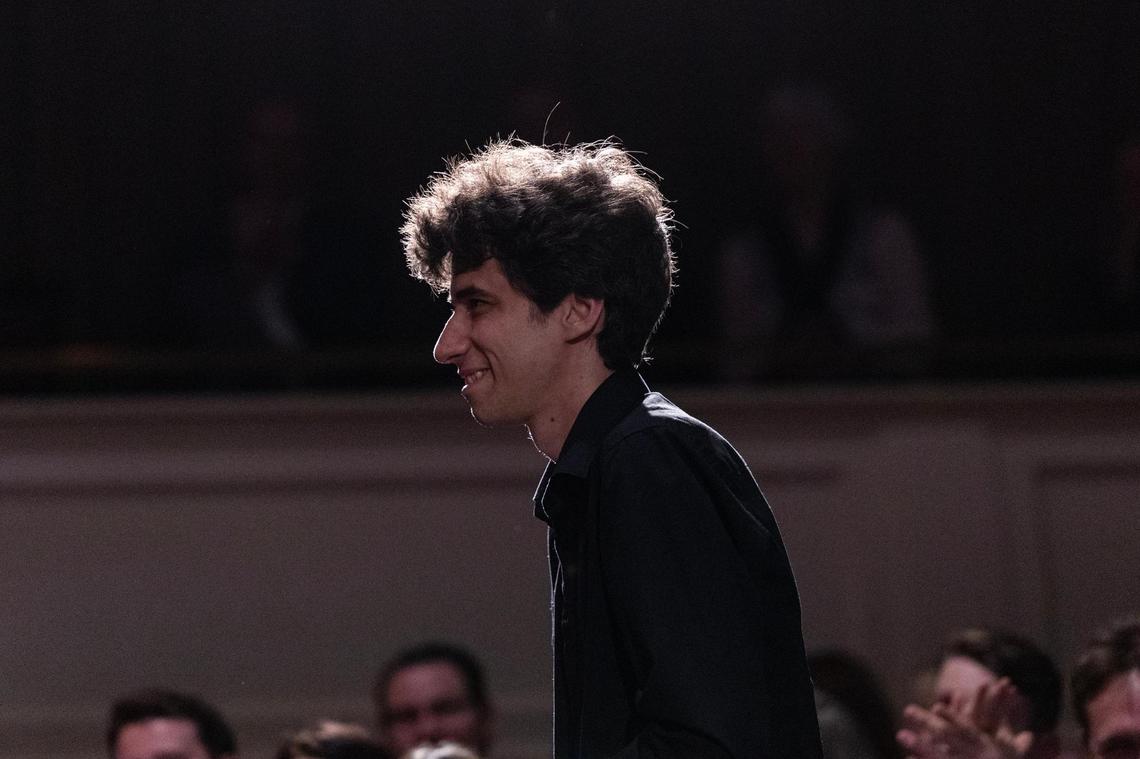 Vitaly Starikov of Israel/Russia reacts after winning the silver medal during the Van Cliburn International Piano Competition Awards Ceremony at Bass Performance Hall in Fort Worth on Saturday, June 7, 2025.