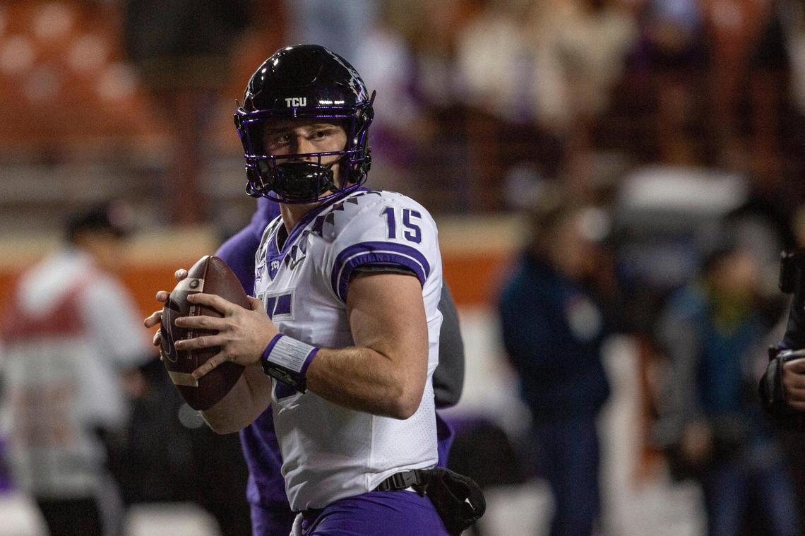TCU quarterback Max Duggan warms up before their game against Texas at the DKR Texas Memorial Stadium in Austin on Saturday.