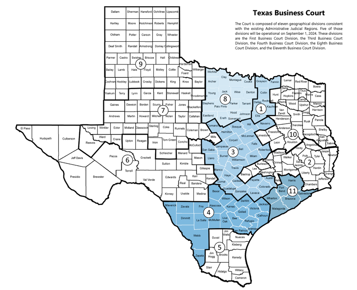 A map of the 11 divisions of the new Texas Business Courts. Business courts for the 1th Division, 3th Division, 4th Division, 8th Division and 11th Division began taking cases on September 1, 2024.