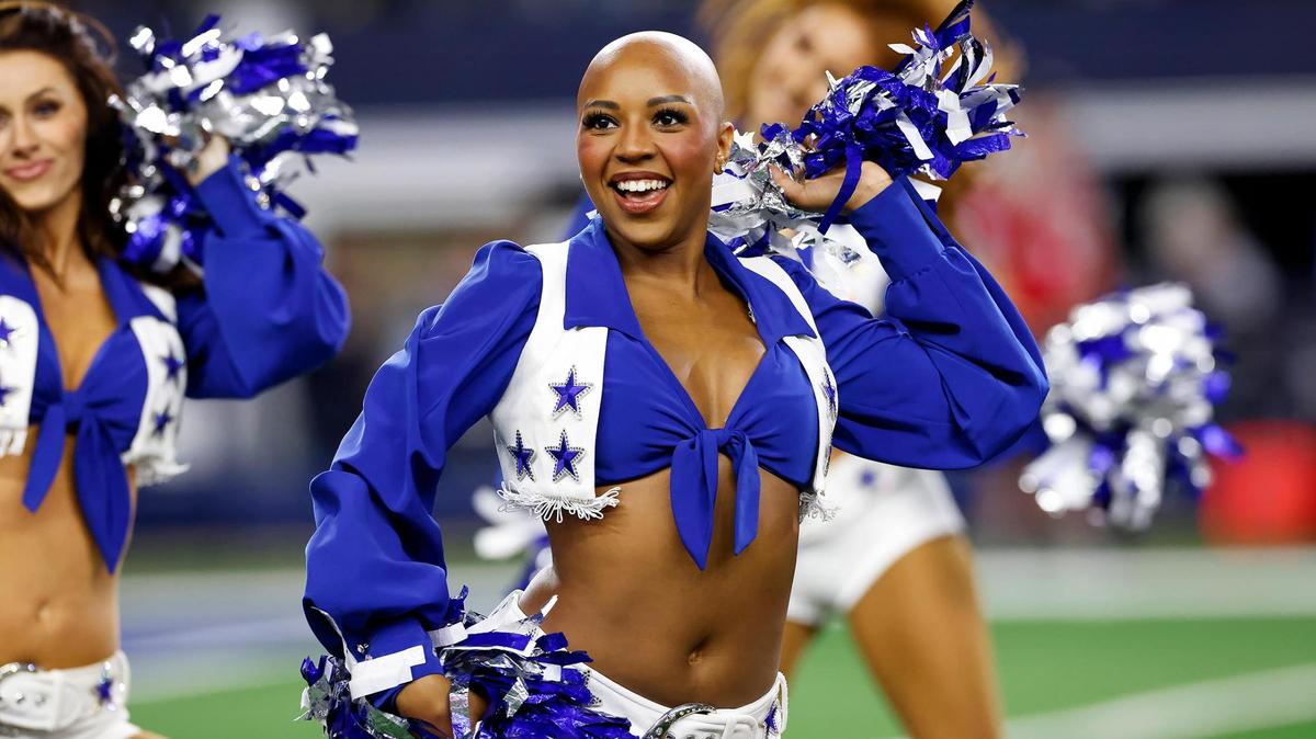Dallas Cowboys cheerleader Armani Latimer performs during the Dallas Cowboys’ game against the Cincinnati Bengals on Monday, Dec. 9, 2024, at AT&T Stadium. Latimer performed wig-free to raise awareness of alopecia.