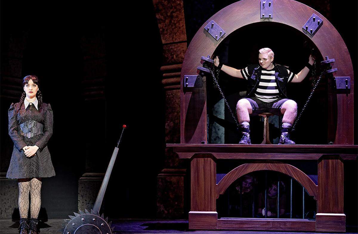 Melody Munitz (left) stars as Wednesday, alongside Logan Clinger as Pugsley in ‘The Addams Family.’ The musical is at Bass Hall Oct. 24-26.