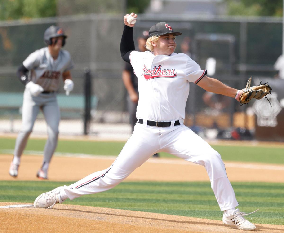 Colleyville Heritage pitcher Andrew Goodman (12) works the first inning during the UIL baseball regional final 5A D1 playoff game at Hawk Baseball Field in North Richland Hills, Texas, Thursday, May 22, 2025.