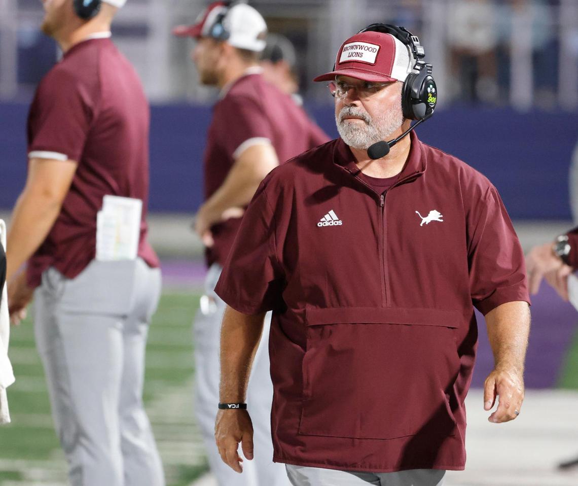 Brownwood head coach Sammy Burnett walks the sidelines in the fourth quarter during a UIL District 4-4A D1 football game at Tarleton State Memorial Stadium in Stephenville, Texas, Friday, Nov. 01, 2024.