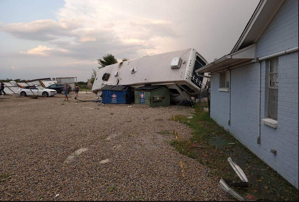 An RV was blown over in Saturday’s storm at Texas Star RV Park on Farm to Market Road 730 in Briar.