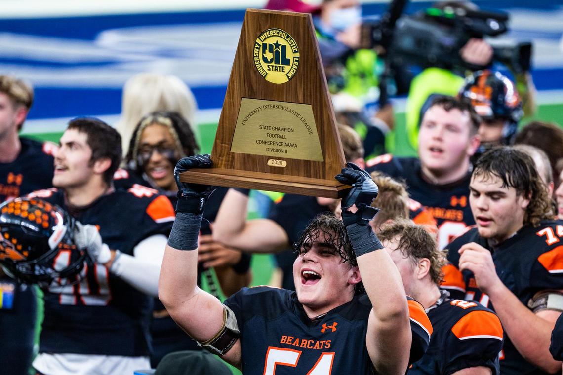 Rocco O’Keefe (54) celebrates Aledo’s 10th state championship after a 56-21 in the 5A Division 2 game at AT&T Stadium in Arlington between Aledo and Crosby on January 15th, 2020. Photo by Matt Smith (Special to the Star-Telegram).