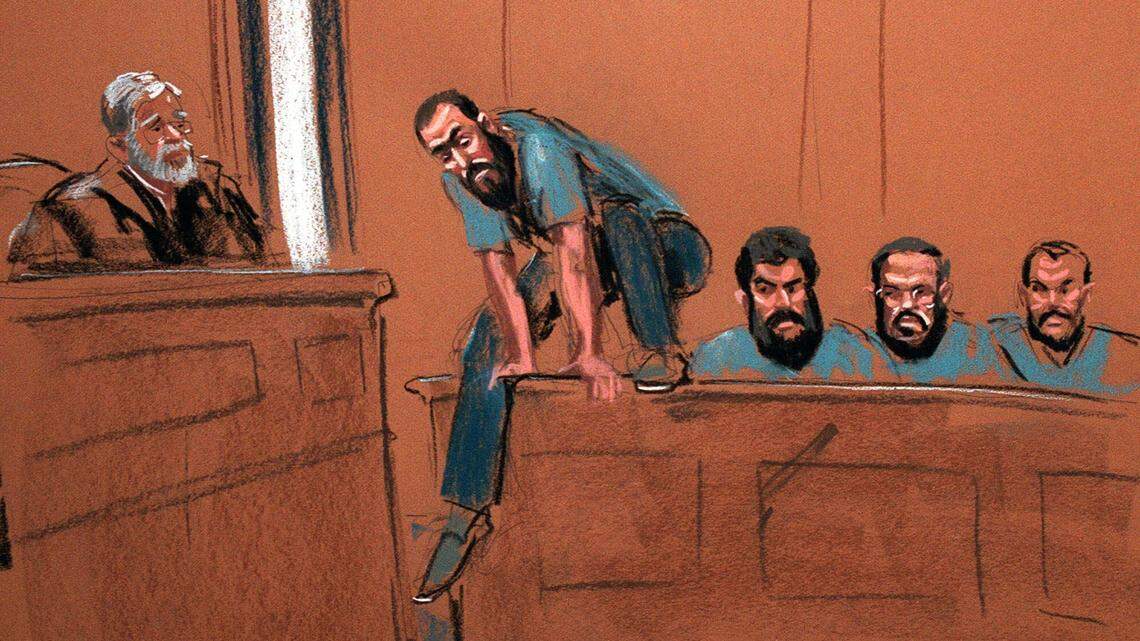 Wadih el-Hage, a defendant in the terrorism case stemming from the bombings of two U.S. embassies in Africa, leaps from his courtroom seat and charges U.S. District Court Judge Leonard Sand in this courtroom drawing in New York, Tuesday, June 22, 1999. El-Hage, a U.S. citizen from Arlington, Texas, was within eight to 10 feet of the judge before U.S. marshals tackled him.
