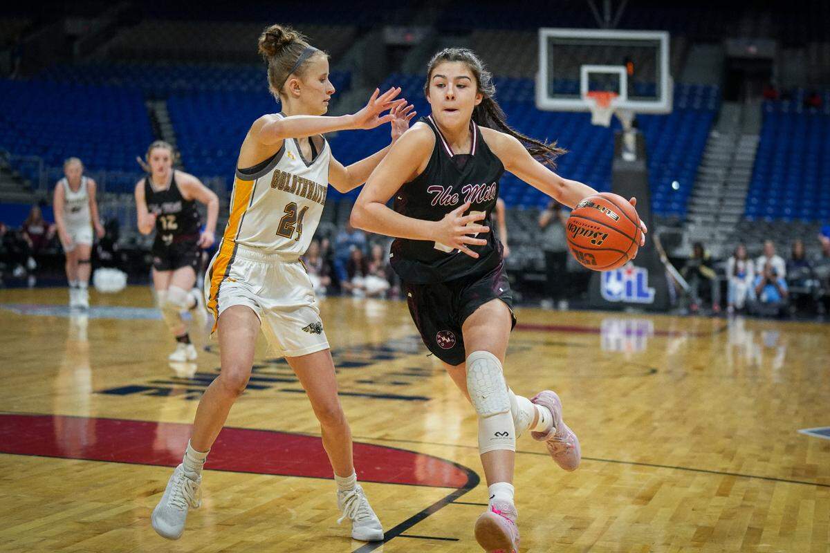 Ben Wheeler Martin’s Mill guard Kara Nixon (right) tries to get around Goldthwaite’s Hope Hermesmeyer (24) in a Class 2A state semifinal on Friday, March 1, 2024 at the Alamodome in San Antonio, Texas. Martin’s Mill defeated Goldthwaite 54-43.