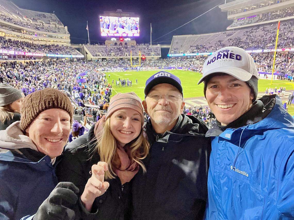 John Dierker (second from right) at a TCU football game with his son-in-law Andrew Poe, daughter Caroline Poe and son John Dierker. Not pictured are his sons Joey and Ben. Charlie has long served the community through his work, volunteerism and church. He’s also known for the love of his orange truck, being ambidixtrous and riding a unicycle.