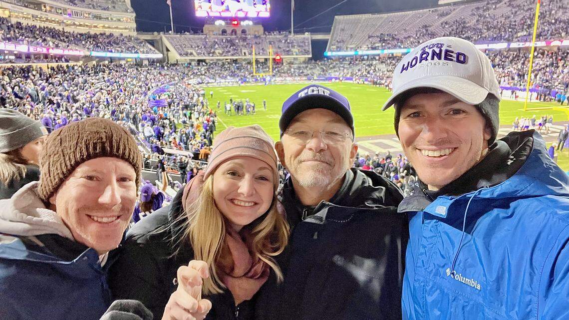 John Dierker (second from right) at a TCU football game with his son-in-law Andrew Poe, daughter Caroline Poe and son John Dierker. Not pictured are his sons Joey and Ben. Charlie has long served the community through his work, volunteerism and church. He’s also known for the love of his orange truck, being ambidixtrous and riding a unicycle.