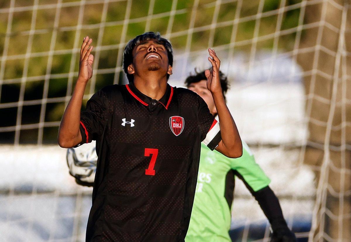 Diamond Hill-Jarvis’ Alejandro Ibarra celebrates the teams first goal during a UIL Class 4A Regional Quarterfinal soccer game at Kangaroo Stadium in Weatherford Texas, Tuesday Apr 02, 2024. Diamond Hill led 2-0 at the half.