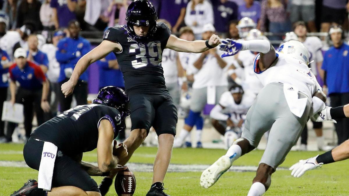 TCU place kicker Griffin Kell (39) kicks a seconds field goal to seal the game for TCU in the second half of a NCAA football game at Amon G. Carter Stadium in Fort Worth, Texas, Saturday Nov. 20, 2021. TCU defeated Kansas 31-28 with a last second Griffin Kell field goal. (Special to the Star-Telegram Bob Booth)