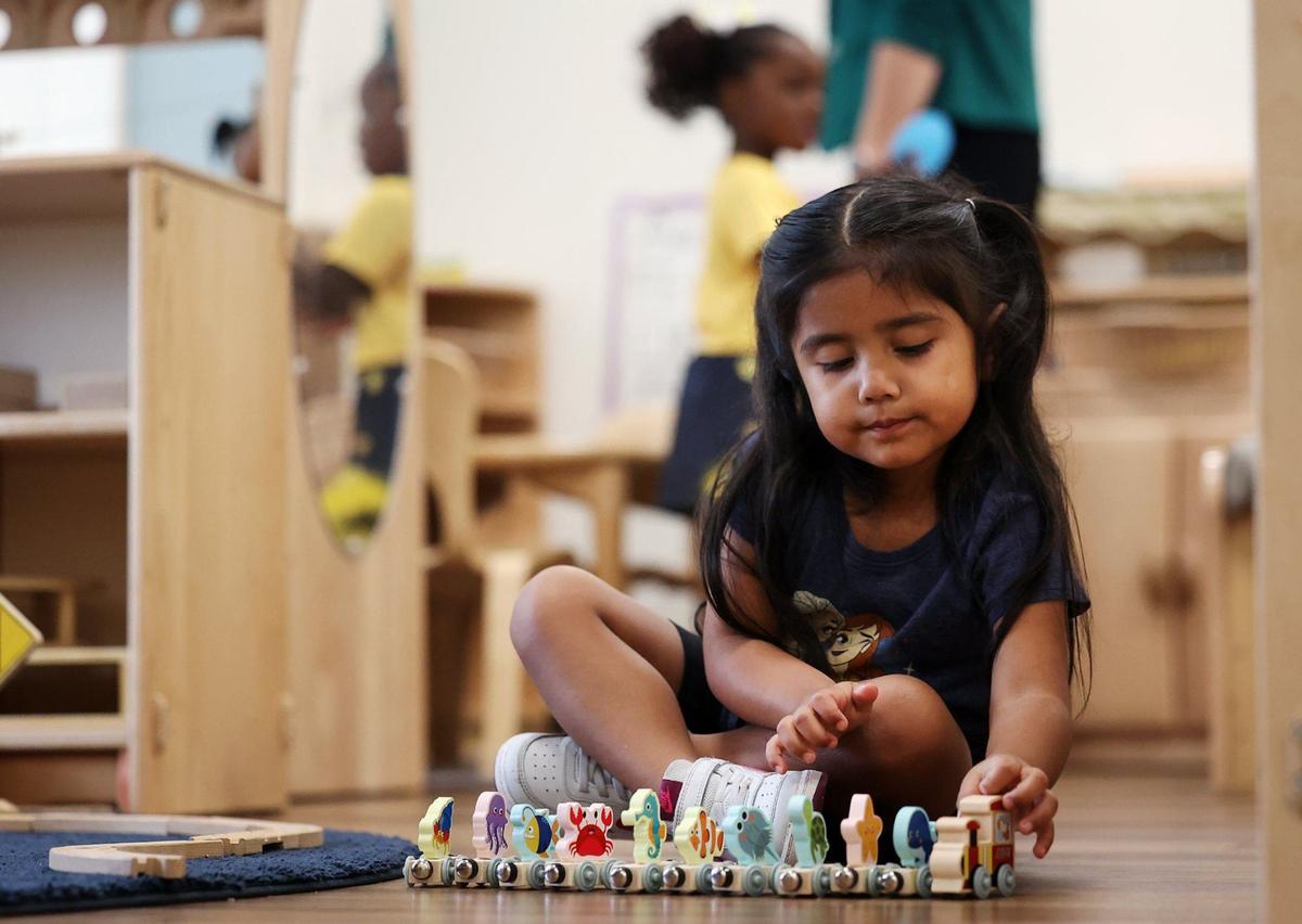 A 3-year-old student plays while attending pre-K at The Morris Foundation Child Development Center on Tuesday, Sept. 24, 2024. Fort Worth ISD and PreK Today partnered this school year to provide pre-K to Fort Worth ISD students at community-based Head Start centers.