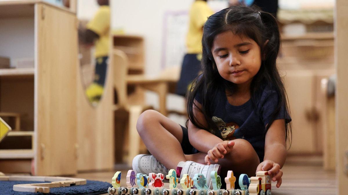 Naomi, 3, plays while attending pre-K at The Morris Foundation Child Development Center on Sept. 24, 2024. Fort Worth ISD and PreK Today partnered to provide pre-K to Fort Worth ISD students at community-based Head Start centers.