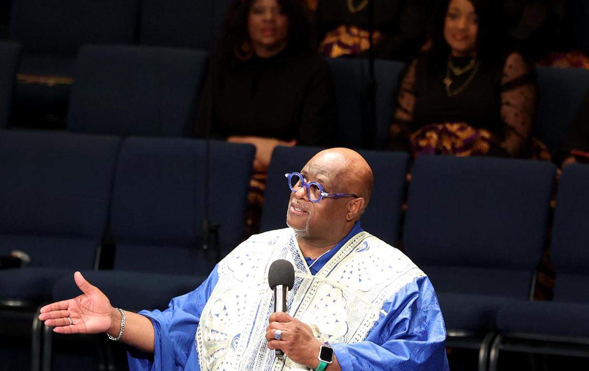 Denny Davis, senior pastor of St. John Church Unleashed in Southlake, gives a sermon on Sunday, February 26, 2023. “Wherever there’s a struggle again for justice and equality that’s where we show up,” said Davis about he and his church’s opposition to Carroll school district’s revisions to the Code of Conduct.
