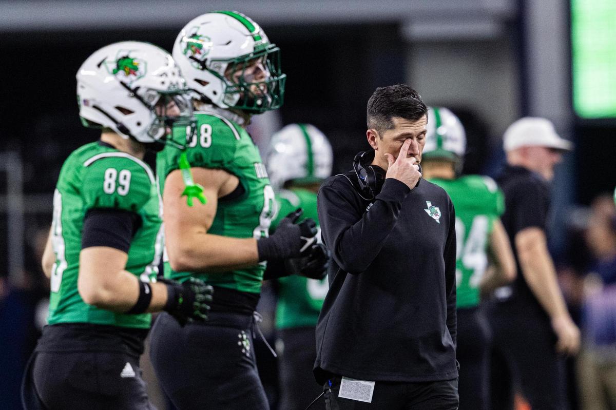 Southlake Head Coach Riley Dodge reacts to not converting on fourth and goal late in the fourth quarter of the UIL 6A Division II championship game at AT&T Stadium in Arlington on Saturday, Dec. 21, 2024.