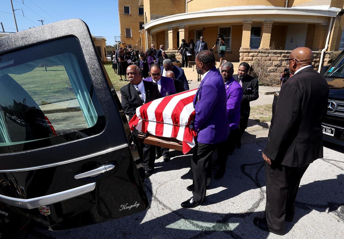 Pallbearers carry the casket of Judge Clifford Davis from Saint Andrews United Methodist Church on Tuesday, Feb. 25, 2025 in Fort Worth. Davis, the first Black judge to be elected in Tarrant County, left a long legacy behind including his work to desegregate North Texas schools.