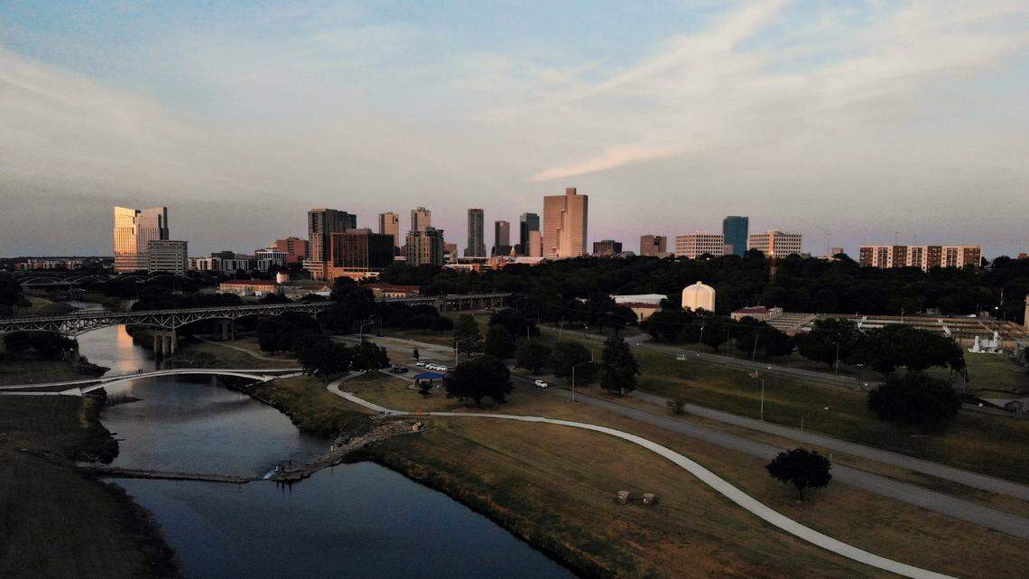 Downtown Fort Worth and the Trinity River can be seen as the sun sets on Friday, September 3, 2021.