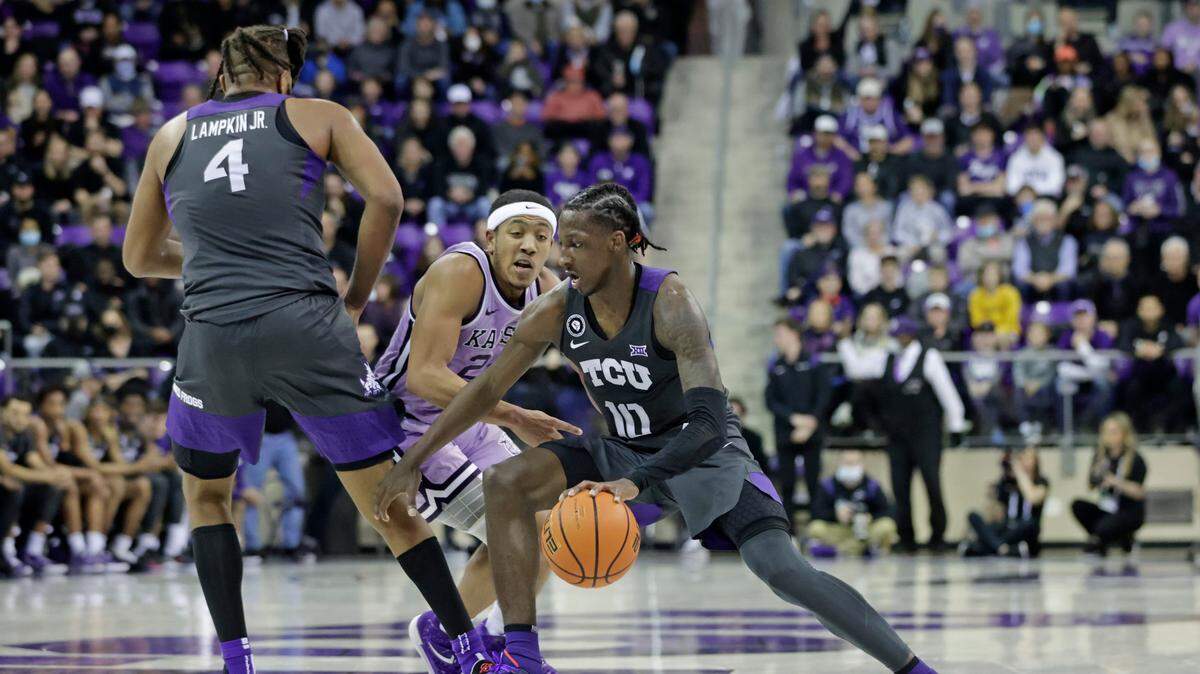 TCU guard Damion Baugh (10) works against K-State’s defense on Saturday night at Schollmaier Arena. Baugh finished with a team-high 17 points in the Frogs’ loss.