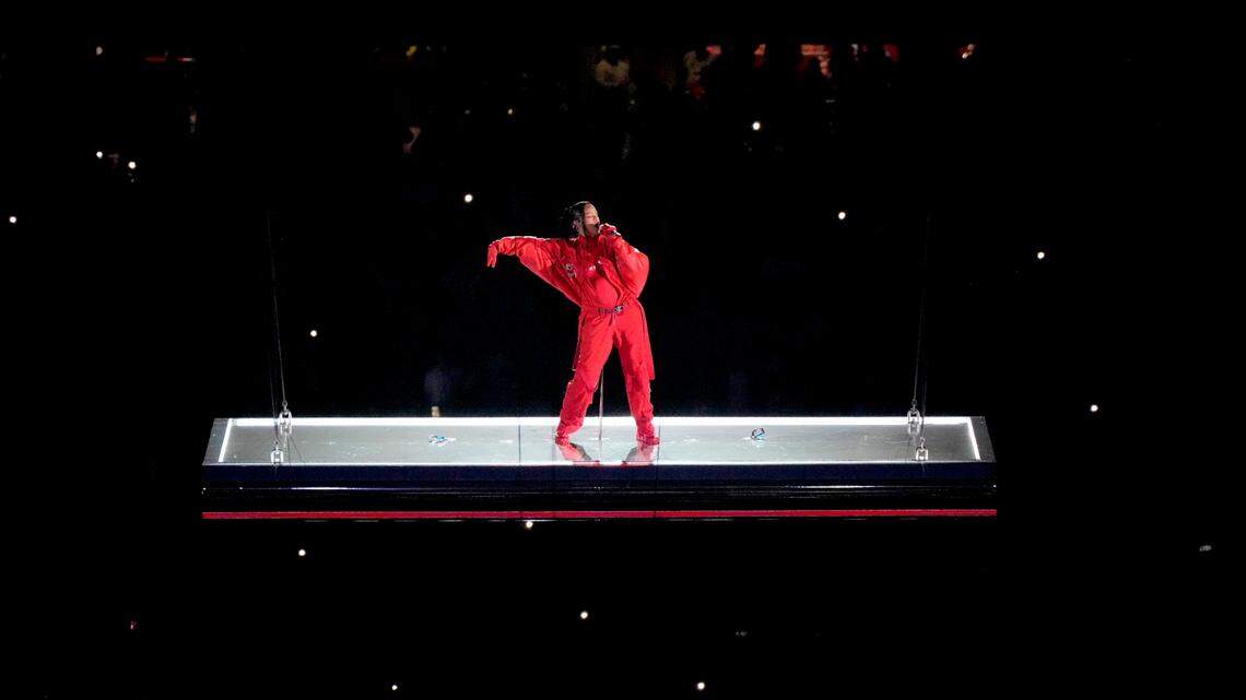 Rihanna performs at halftime during the NFL Super Bowl 57 football game between the Kansas City Chiefs and the Philadelphia Eagles, Sunday, Feb. 12, 2023, in Glendale, Ariz. (AP Photo/Charlie Riedel)