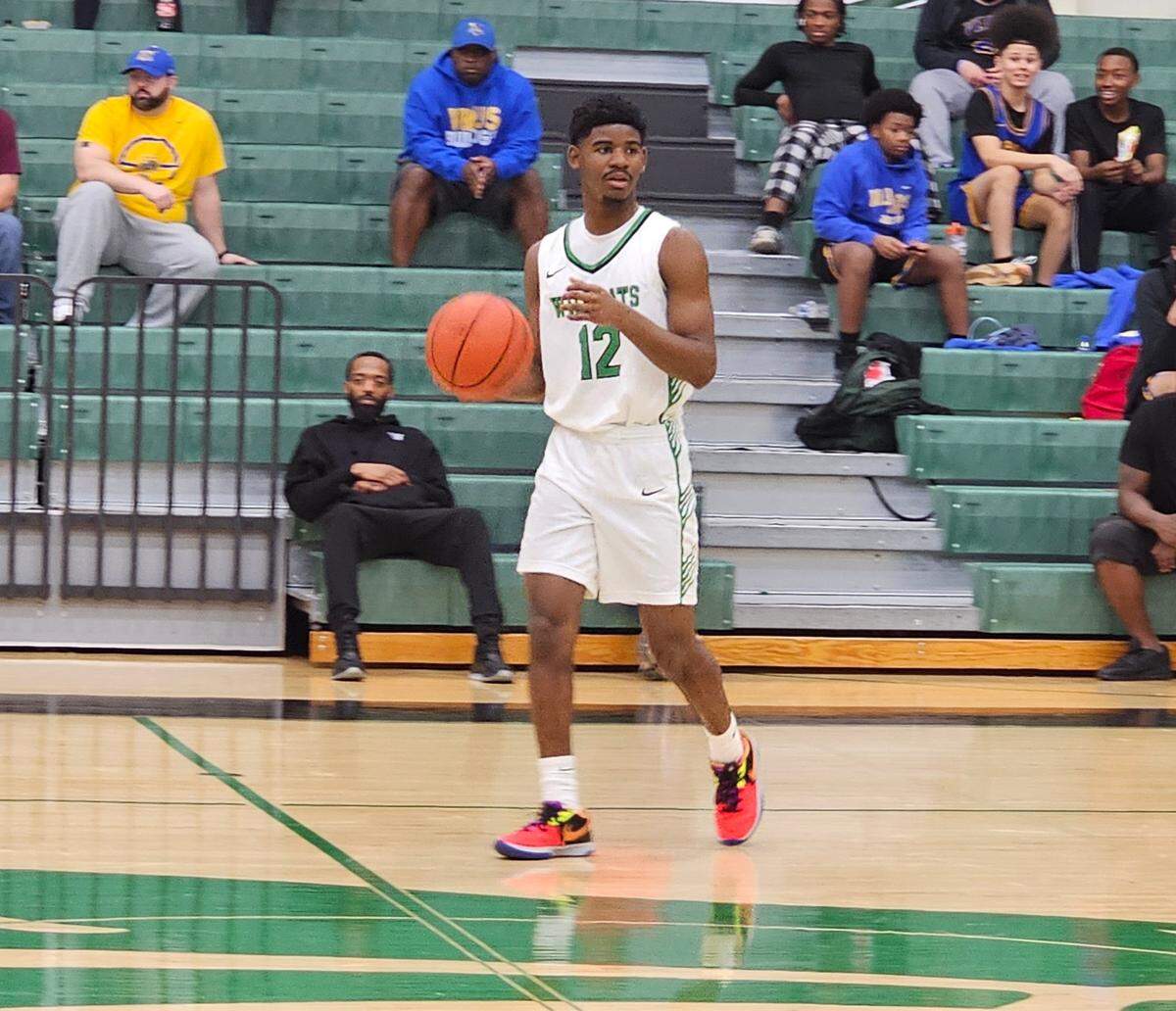 Kennedale guard Jacoby Lovings looks for instructions from the bench in a game against Venus on Friday, February 7, 2025 at Kennedale High School in Kennedale, Texas.