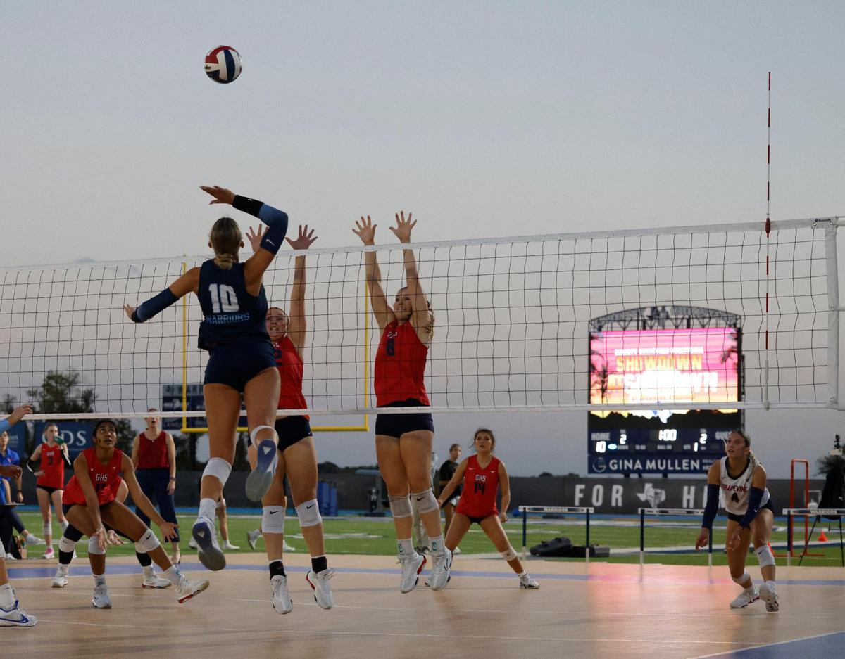 Grapevine and Liberty Christian played the Showdown at Sundown outdoor exhibition volleyball game on the field of Warrior Stadium at Liberty Christian High School in Argyle, Texas, Tuesday, Oct. 29, 2024.