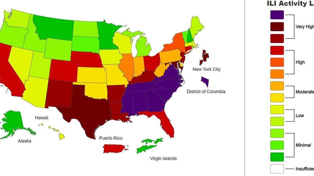 Un mapa de Estados Unidos que muestra la proporción de visitas ambulatorias a los proveedores de atención médica por enfermedades similares a la influenza. Las enfermedades similares a la influenza son enfermedades respiratorias que incluyen fiebre y tos o dolor de garganta. En la semana que terminó el 5 de noviembre, las enfermedades similares a la influenza fueron "muy altas" en todo el estado de Texas.