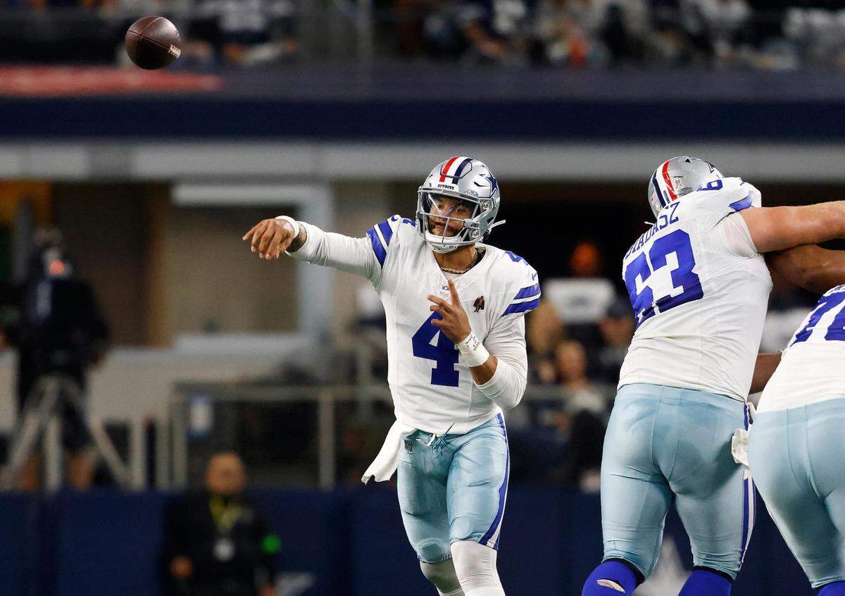 Dallas Cowboys quarterback Dak Prescott throws the ball during the first quarter against the New York Giants on Sunday, November 12, 2023, at AT&T Stadium in Arlington.