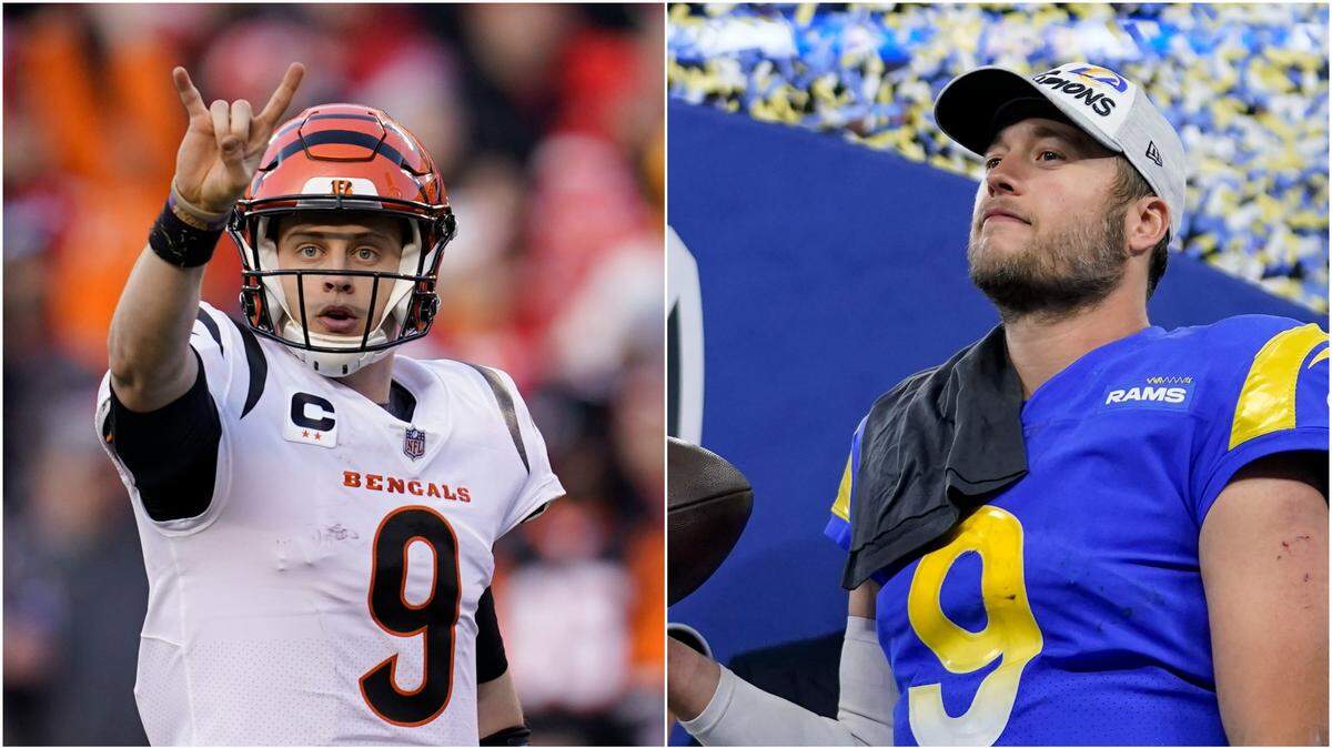 (Left) Cincinnati Bengals quarterback Joe Burrow signals against the Kansas City Chiefs during the AFC championship NFL football game Sunday, Jan. 30, 2022, in Kansas City, Mo. (Right) Los Angeles Rams’ Matthew Stafford celebrates after the NFC Championship NFL football game against the San Francisco 49ers Sunday, Jan. 30, 2022, in Inglewood, Calif.
